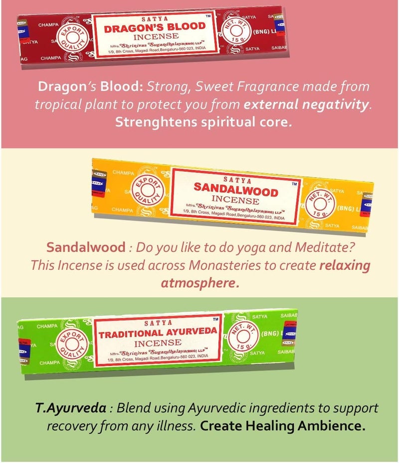 Satya Nag Champa Incense Sticks Variety- Pack (12 Incents, 140+ Sticks) | 100% Original Handrolled Masala | Incense BNG | For Stress Relief, Meditation Decor, Spiritual Decor & Home Fragrance Products - Image 3
