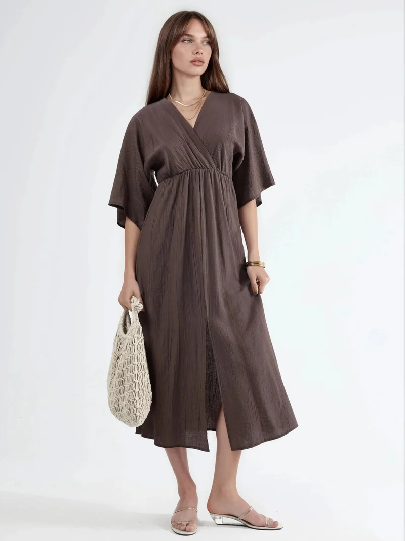 Busem BUSEM V-Neck Midi Wrap Dress with Three Quarter Sleeves