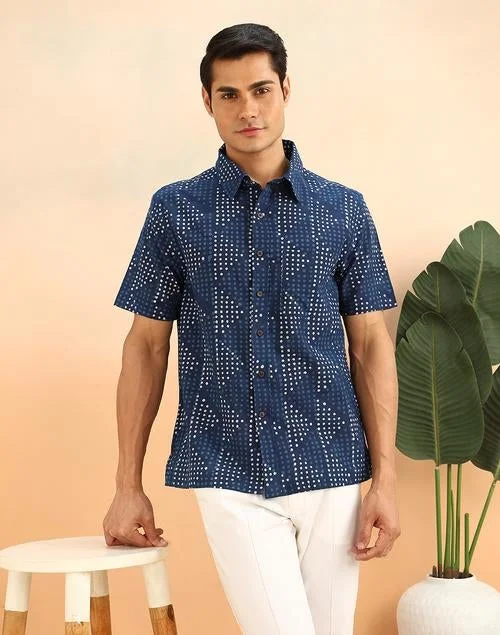 Fabindia Indigo Cotton Dabu Printed Bush Shirt