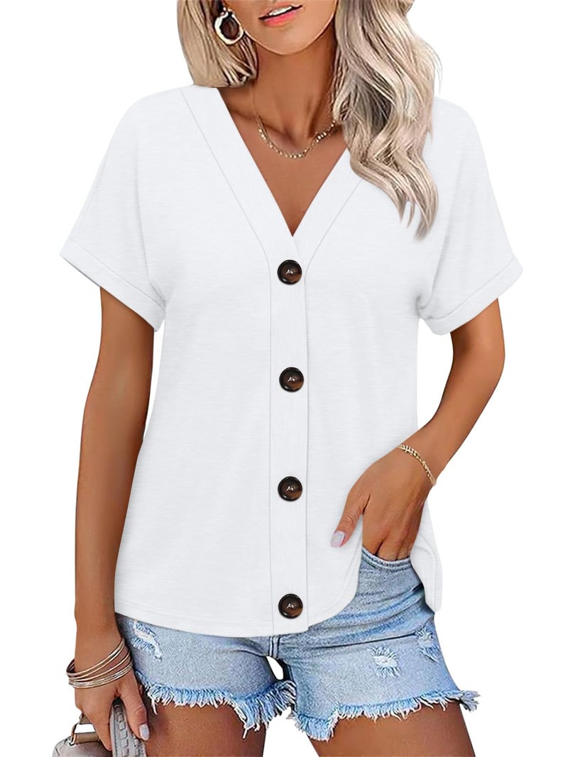 TICTICMISS Womens Summer Tops Short Sleeve Button Down Shirts Casual V Neck T Shirts Trendy Tunic Tops White - Image 1