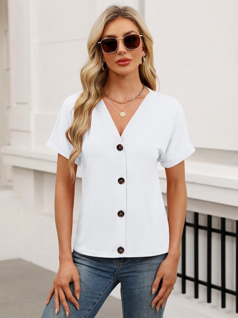 TICTICMISS Womens Summer Tops Short Sleeve Button Down Shirts Casual V Neck T Shirts Trendy Tunic Tops White - Image 2