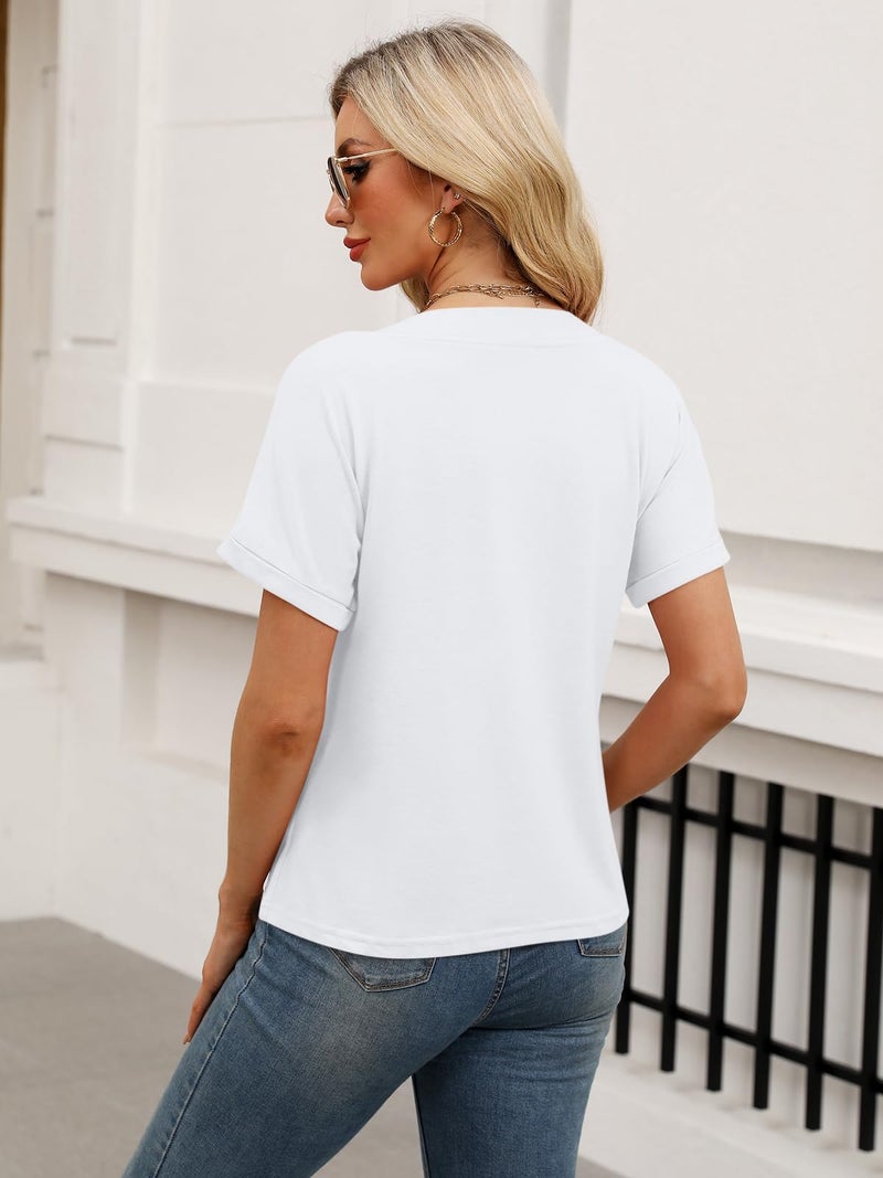TICTICMISS Womens Summer Tops Short Sleeve Button Down Shirts Casual V Neck T Shirts Trendy Tunic Tops White - Image 5