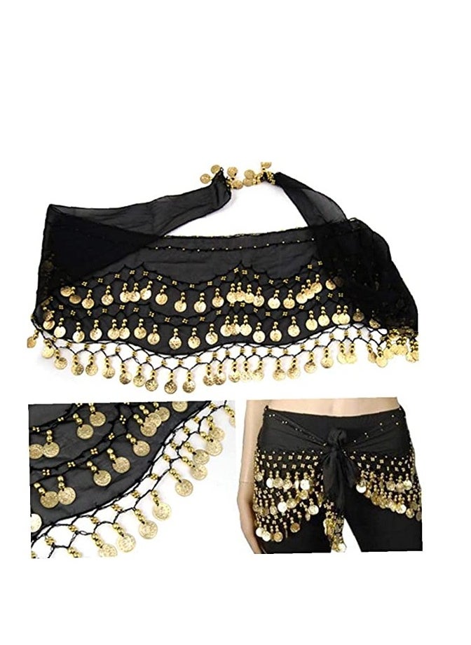 Excefore Belly Dance Hip Skirt Chiffon Dangling Gold Coins Belly Dance Hip Scarf Wrap Belt Black  - Image 5