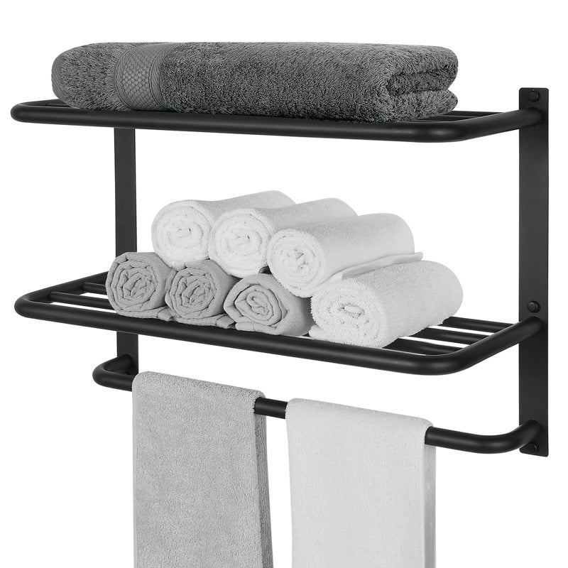 Towel Rack for Bathroom DEWVIE 23 Inch Tower Holder with Tower Bars SUS 304 Stainless Steel Lavatory Bath Towel Shelf Towel Hanger Wall Mount 3Tier Matte Black
