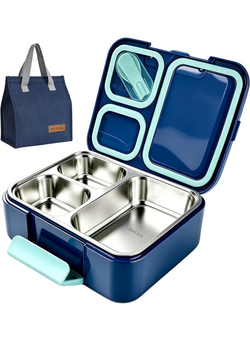 Stainless Steel Bento Lunch Box for Kids,Microwave-Safe 3-Compartment Leakproof Snack Container with Lunch Bag for Boys,Girls, 304 Tiffin Box Food Storage for School,Office, Travel (Blue) - Image 1