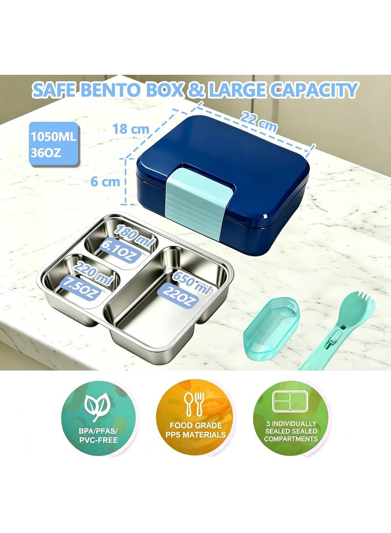 Stainless Steel Bento Lunch Box for Kids,Microwave-Safe 3-Compartment Leakproof Snack Container with Lunch Bag for Boys,Girls, 304 Tiffin Box Food Storage for School,Office, Travel (Blue) - Image 2
