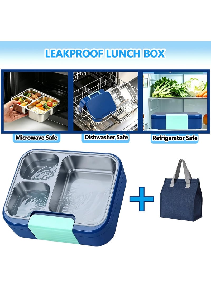 Stainless Steel Bento Lunch Box for Kids,Microwave-Safe 3-Compartment Leakproof Snack Container with Lunch Bag for Boys,Girls, 304 Tiffin Box Food Storage for School,Office, Travel (Blue) - Image 4