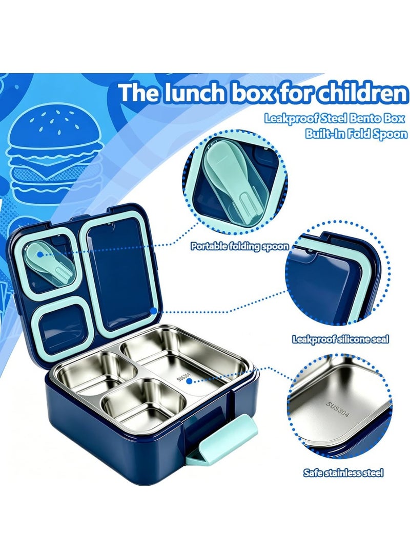 Stainless Steel Bento Lunch Box for Kids,Microwave-Safe 3-Compartment Leakproof Snack Container with Lunch Bag for Boys,Girls, 304 Tiffin Box Food Storage for School,Office, Travel (Blue) - Image 5