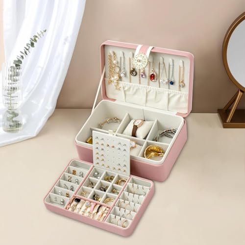 ketmart Pu leather Jewelry Box Necklace Ring Storage Organizer Mini Jewelry case Double Layer Travel Jewelry Organizer for Women Girls Gift(Color_Pink) - Image 3