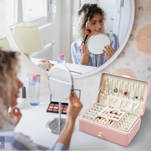 ketmart Pu leather Jewelry Box Necklace Ring Storage Organizer Mini Jewelry case Double Layer Travel Jewelry Organizer for Women Girls Gift(Color_Pink) - Image 4