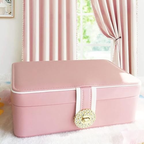 ketmart Pu leather Jewelry Box Necklace Ring Storage Organizer Mini Jewelry case Double Layer Travel Jewelry Organizer for Women Girls Gift(Color_Pink) - Image 2