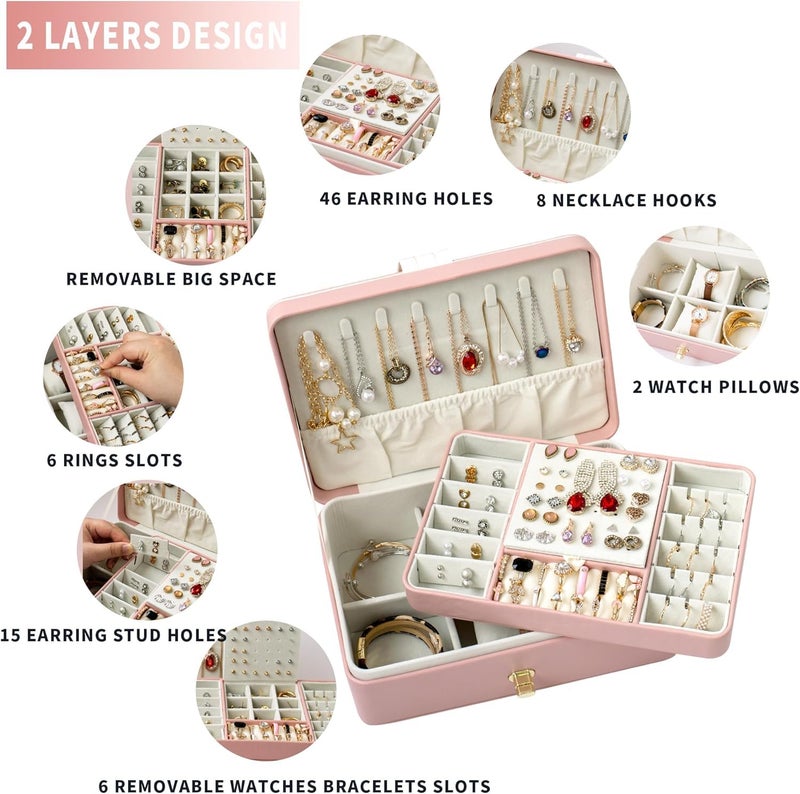 ketmart Pu leather Jewelry Box Necklace Ring Storage Organizer Mini Jewelry case Double Layer Travel Jewelry Organizer for Women Girls Gift(Color_Pink) - Image 5