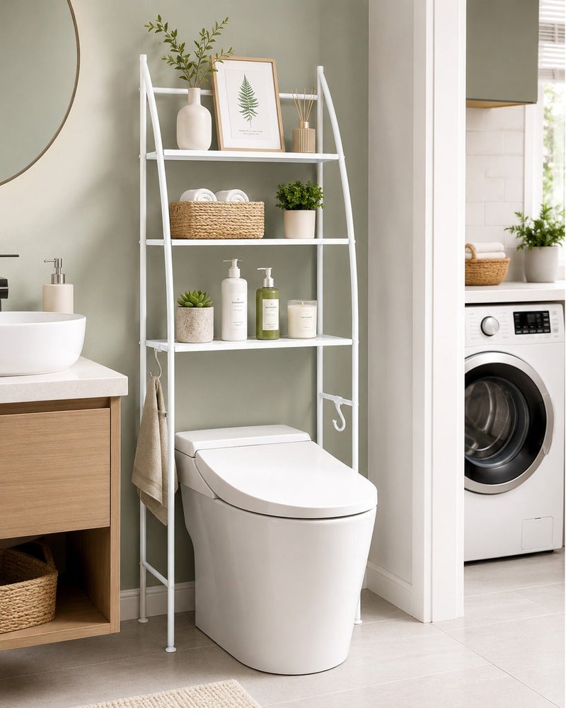 Dunekart 3 Tier Over Toilet Storage Rack, Space Saving Bathroom Organizer Shelf with Towel Hooks, No Drill Freestanding Metal Storage Stand for Toilet, Laundry Room & Washing Machine (White) - Image 1