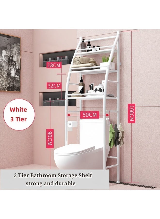 Dunekart 3 Tier Over Toilet Storage Rack, Space Saving Bathroom Organizer Shelf with Towel Hooks, No Drill Freestanding Metal Storage Stand for Toilet, Laundry Room & Washing Machine (White) - Image 4