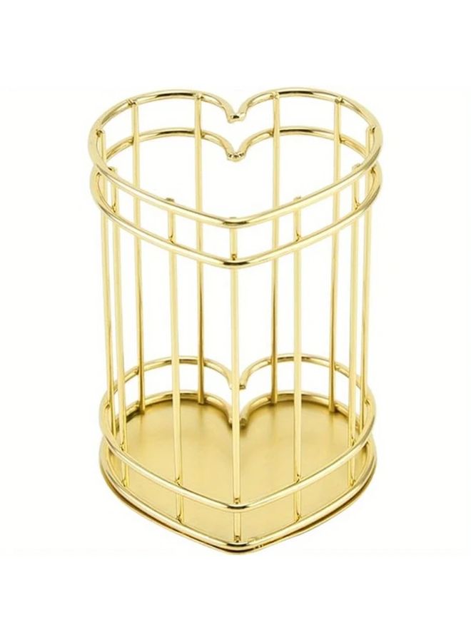 Golden Heart Shaped Pen Holder Desk Organizer For Pens Brushes And Cosmetics - Image 1