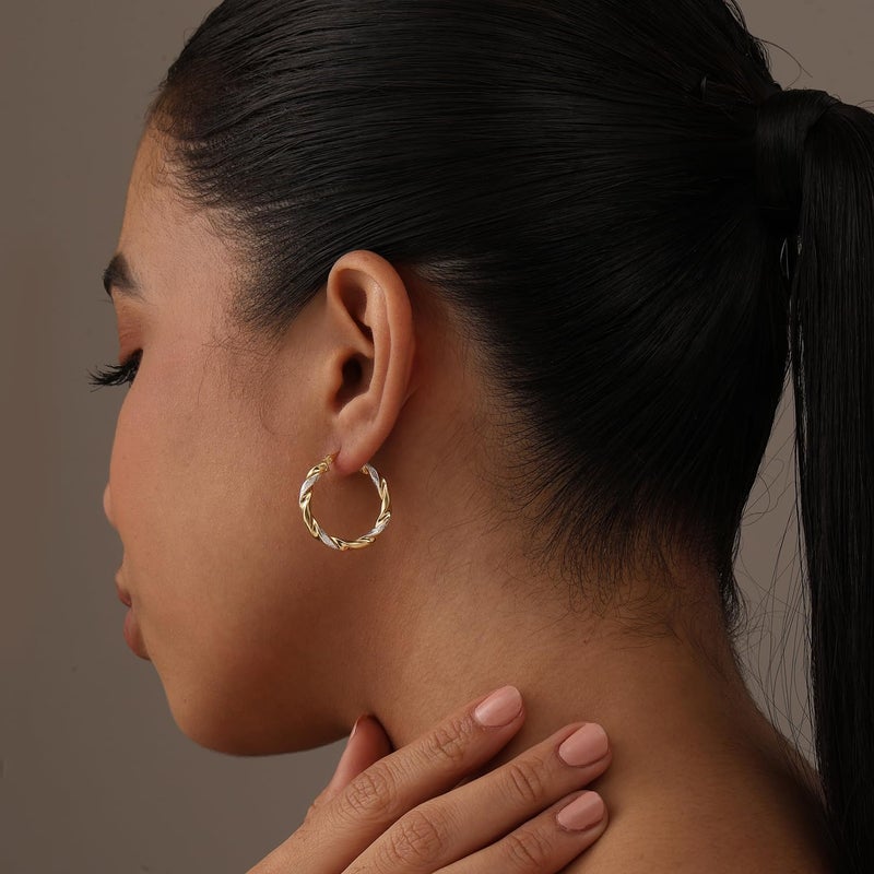 LeCalla Gold and Silver Earrings - 925 Sterling Silver Hoop Earrings for Women Twisted Italian Design 14K Gold Plated Small Hoops Two Tone Earring for Women - 25MM - Image 1