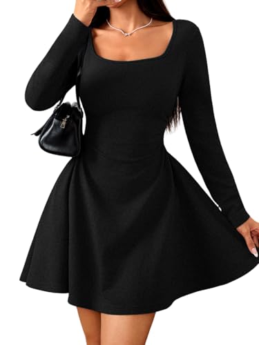 ShawGobow Long Sleeve Skater Dress,Square Neck Corset Mini Dresses Women,Formal Homecoming Cocktail Party Outfits Black Large - Image 1