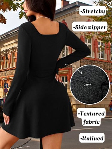 ShawGobow Long Sleeve Skater Dress,Square Neck Corset Mini Dresses Women,Formal Homecoming Cocktail Party Outfits Black Large - Image 4
