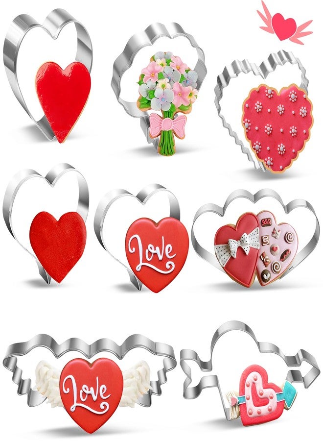 LifeisLuck Valentine’s Day Cookie Cutters 8 Pcs Romantic Heart Shapes Stainless Steel Biscuit Molds with Wing Heart, LOVE, Flower Small Cookie Cutters for Baking Anniversary DIY Sandwich Cookie Cutters - Image 1