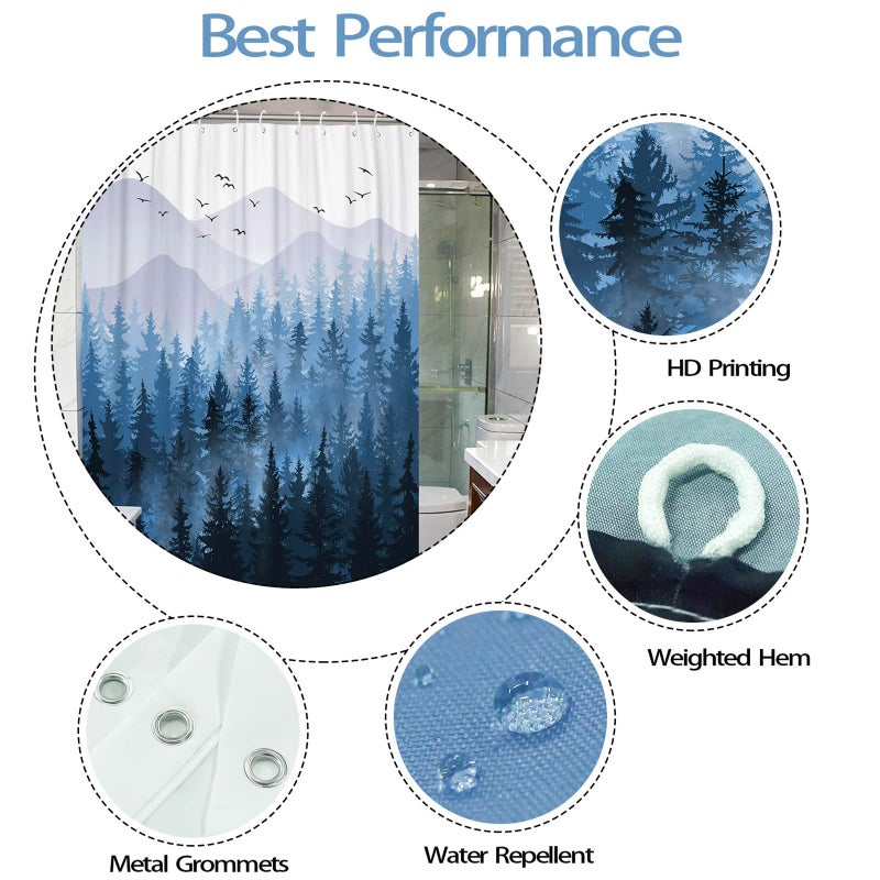 Accnicc Blue Misty Forest Shower Curtain Set Ombre Navy Blue White Waterproof Fabric Shower Curtains Nature Tree Mountain Woodland Decorative Bathroom Bath Curtain Decor (Blue  36'' ? 72'') - Image 5
