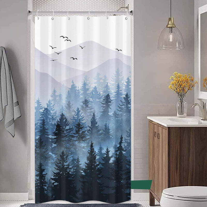 Accnicc Blue Misty Forest Shower Curtain Set Ombre Navy Blue White Waterproof Fabric Shower Curtains Nature Tree Mountain Woodland Decorative Bathroom Bath Curtain Decor (Blue  36'' ? 72'') - Image 3