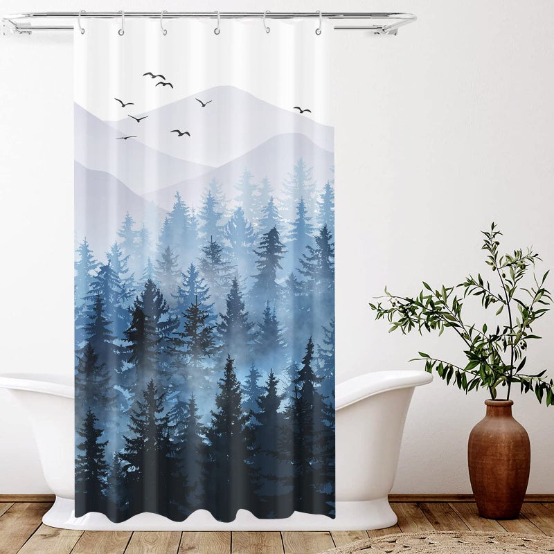 Accnicc Blue Misty Forest Shower Curtain Set Ombre Navy Blue White Waterproof Fabric Shower Curtains Nature Tree Mountain Woodland Decorative Bathroom Bath Curtain Decor (Blue  36'' ? 72'') - Image 2