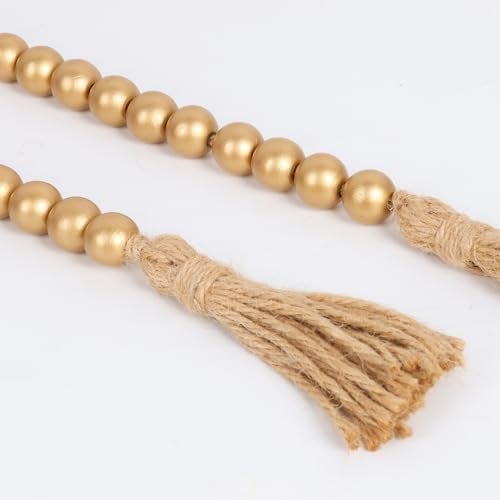 RAMIRABI 58in Wood Bead Garland with Tassels, Farmhouse Rustic Country Decor Prayer Boho Wall Hanging Decoration (Gold) - Image 5