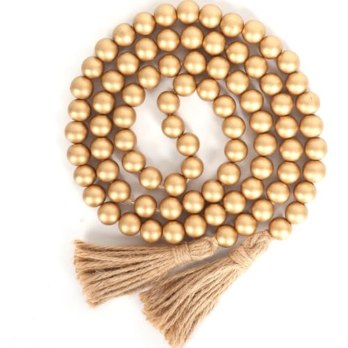 RAMIRABI 58in Wood Bead Garland with Tassels, Farmhouse Rustic Country Decor Prayer Boho Wall Hanging Decoration (Gold) - Image 1