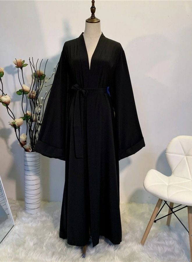 Loquat Women's Casual Full Length Lace-up Cardigan Dress Women's Solid Color Long Sleeves Abaya muslim Black 