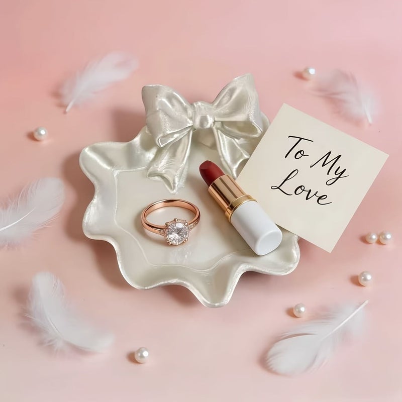 White Girly Heart Jewelry Tray With Bow And Wave Edge For Ring Earring Storage Home Decor Office Desk Themed Party Christmas Thanksgiving Valentine Holiday Gift - Image 2