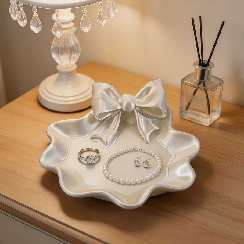 White Girly Heart Jewelry Tray With Bow And Wave Edge For Ring Earring Storage Home Decor Office Desk Themed Party Christmas Thanksgiving Valentine Holiday Gift - Image 4
