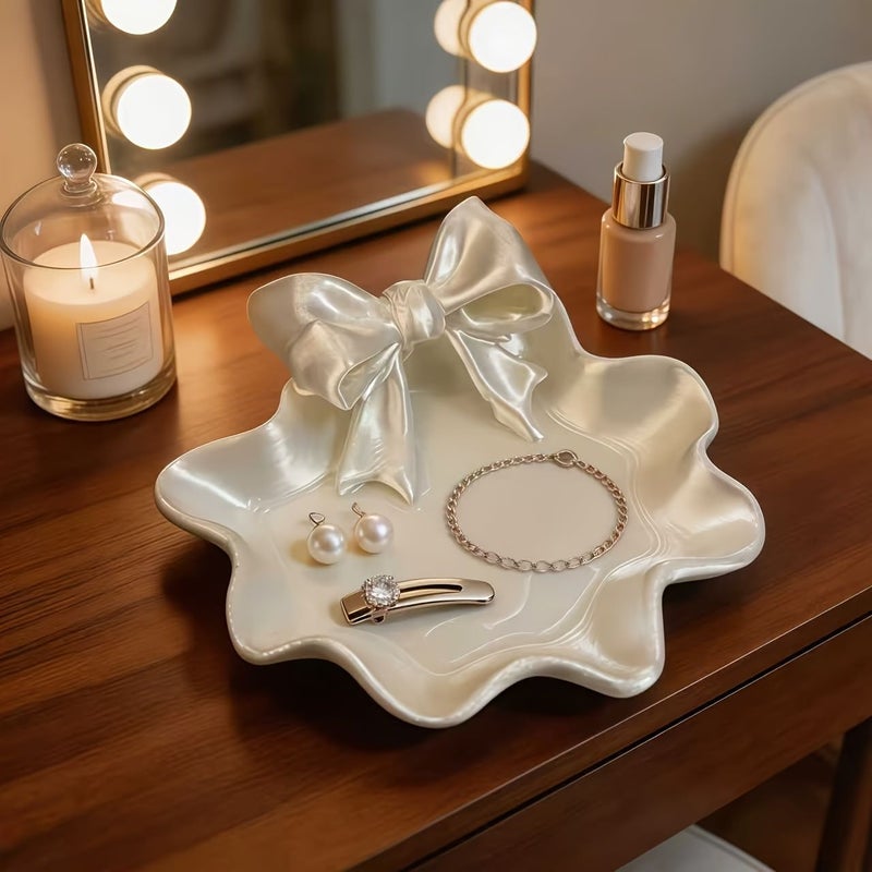 White Girly Heart Jewelry Tray With Bow And Wave Edge For Ring Earring Storage Home Decor Office Desk Themed Party Christmas Thanksgiving Valentine Holiday Gift - Image 5