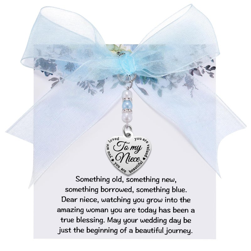 MIXJOY Wedding Gift for Niece, Something Blue Pearl Bouquet Garter Charm, Elegant Engagement Gifts, Bridal Shower, Wedding Day Accessory with Blue Pearl Ribbon for Bride to Be from Aunt - Image 1