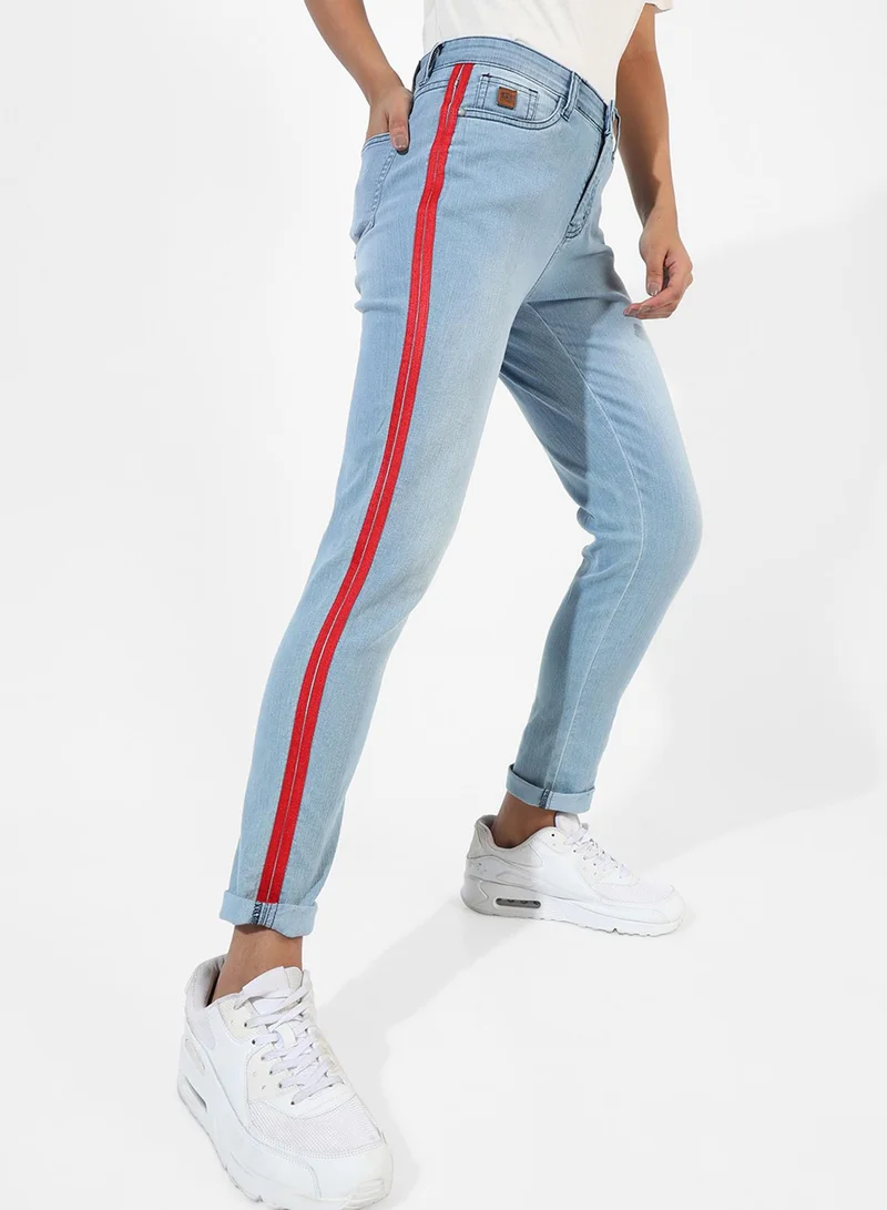 كامبوس سوترا Campus Sutra Women's Classic Blue Medium-Washed Striped Patterned Regular Fit Denim Jeans | Stretchable Premium Cotton Mid-Rise Crafted With Comfort Fit and High Performance For Everyday Wear