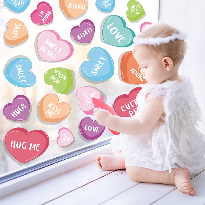 وولاين مجموعة ملصقات نوافذ عيد الحب من والين، 9 أوراق، ملصقات نوافذ ملونة على شكل قلوب محادثة قابلة لإعادة الاستخدام للمنزل والمكتب والمدرسة وحفلات الزفاف، مقاس 7.9 × 11.8 بوصة - Image 1