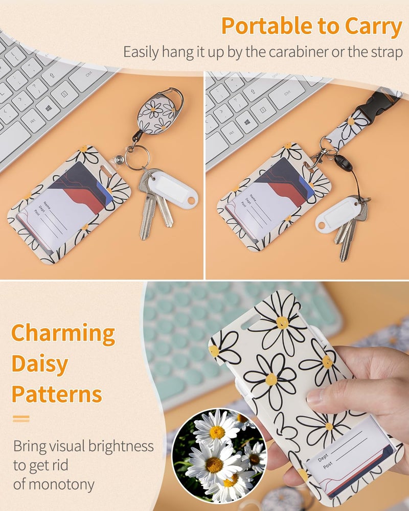 Uniclife 2 Pack Floral Sliding Badge Holder Flower Plastic Case with Retractable Badge Reel Carabiner Clip and Detachable Lanyard Strap Hard Vertical Card Protector for Women Nurse Teacher - Image 2