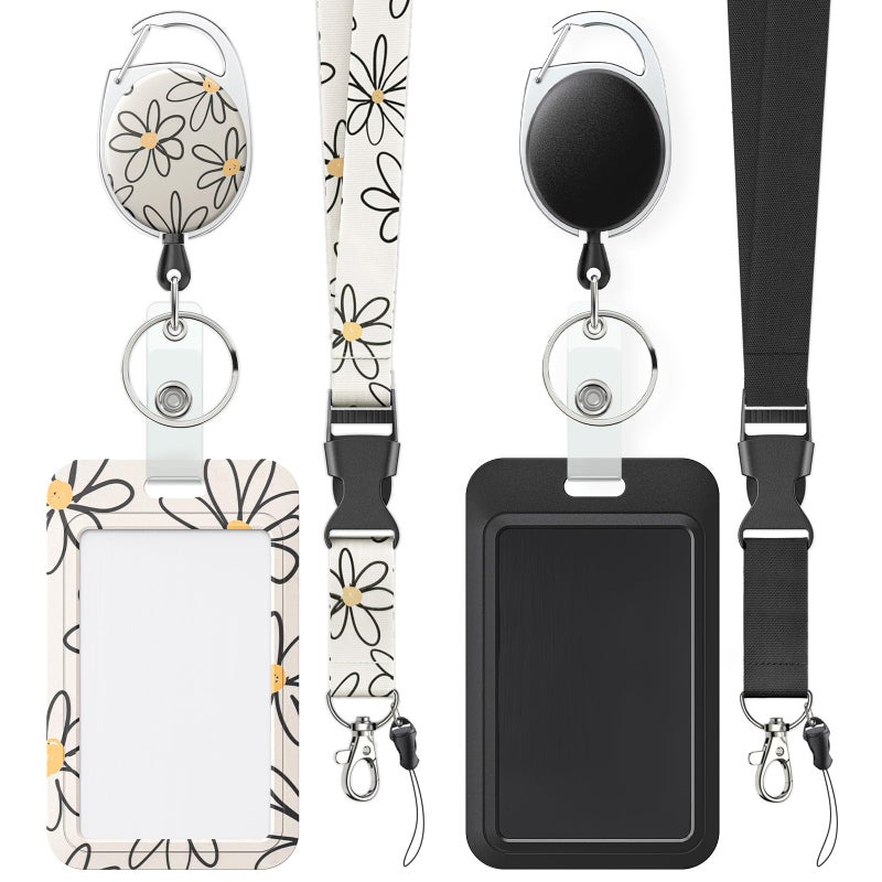 Uniclife 2 Pack Floral Sliding Badge Holder Flower Plastic Case with Retractable Badge Reel Carabiner Clip and Detachable Lanyard Strap Hard Vertical Card Protector for Women Nurse Teacher - Image 1