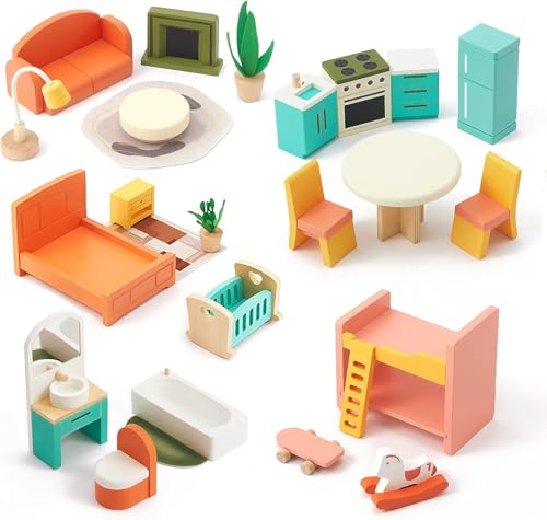 Giant bean 26 Pcs Large Wooden Dollhouse Furniture 5 Set for Kitchen Living Room Bedroom Bathroom Babyroom Candy Dollhouse Accessories Furniture Toy for Girls Boys Kids 3 - Image 1