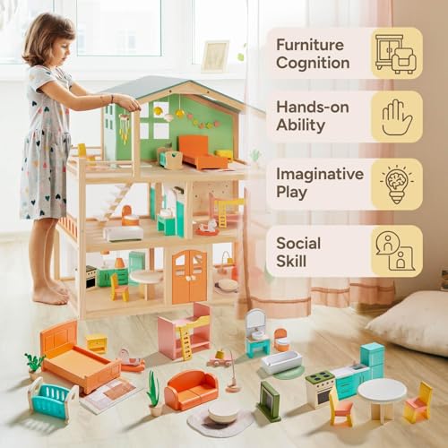 Giant bean 26 Pcs Large Wooden Dollhouse Furniture 5 Set for Kitchen Living Room Bedroom Bathroom Babyroom Candy Dollhouse Accessories Furniture Toy for Girls Boys Kids 3 - Image 5