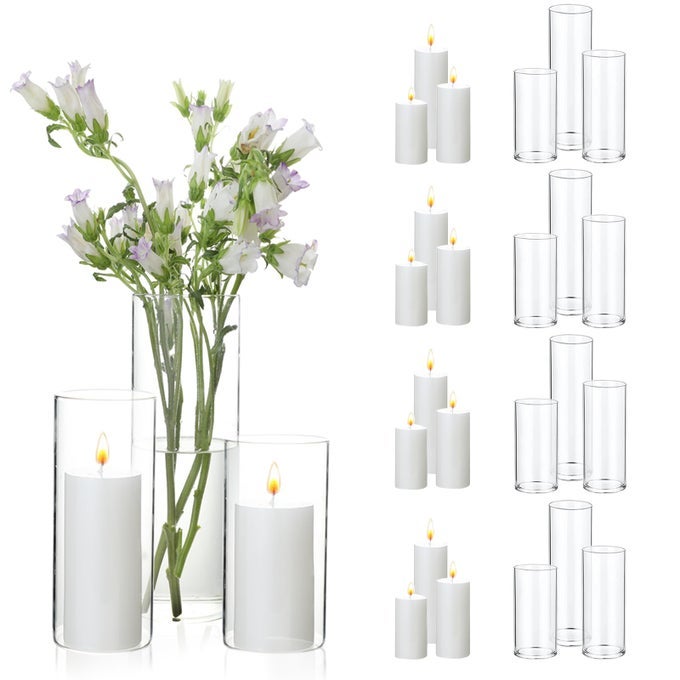 SET OF 12 WHITE PILLAR CANDLES AND 12 GLASS CYLINDER VASES HURRICANE HOLDERS SLIM PILLAR CANDLE HOLDER CYLINDER VASES FOR CENTERPIECES WEDDING TABLE PARTY HOME DECOR26 X 47 59 79