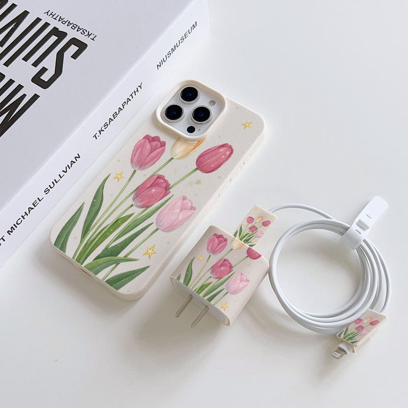 Phone Case 5pcs Set For iPhone 15 Mix Color 5 Tulip Flower Star Pattern With Charger Head Cover Cable Protector And Storage Strap TPU Anti Drop Protective Case - Image 5