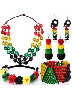 Mtlee 5 Pieces Women'S African Jewelry Kwanzaa Jamaican Multicolor Rasta Beaded Bracelet Wood Queen Dangle Earrings Jewelry Bohemian Coconut Shell Necklace Black Red Green Yellow Flower Crown  - Image 1