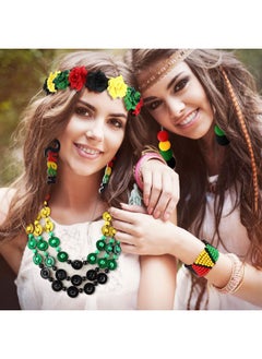 Mtlee 5 Pieces Women'S African Jewelry Kwanzaa Jamaican Multicolor Rasta Beaded Bracelet Wood Queen Dangle Earrings Jewelry Bohemian Coconut Shell Necklace Black Red Green Yellow Flower Crown  - Image 4