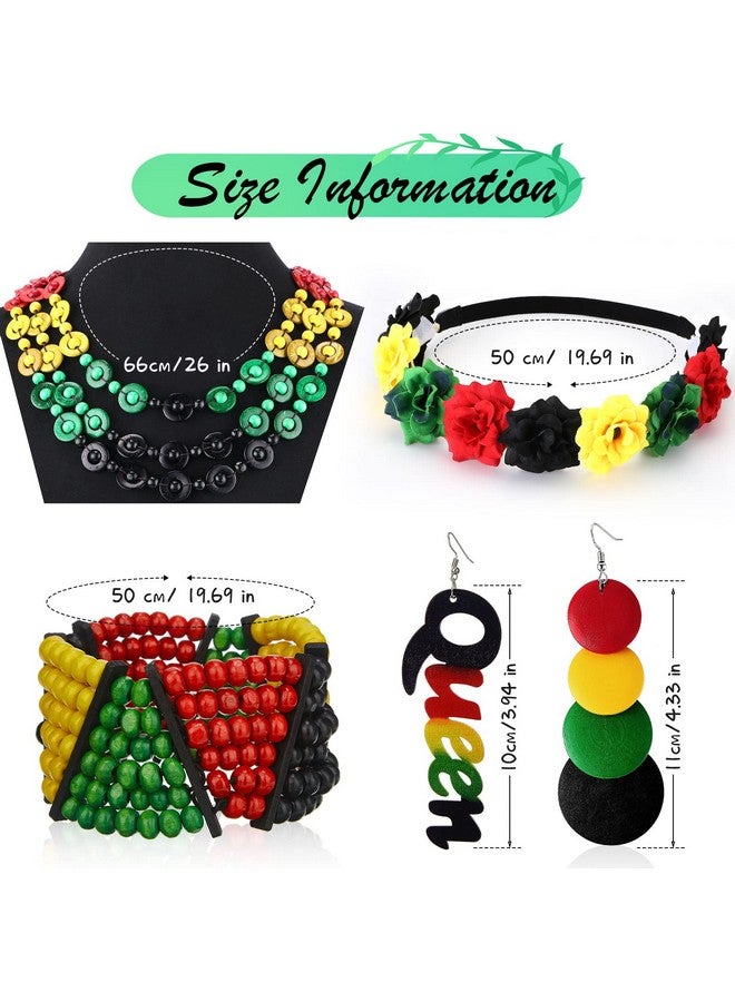 Mtlee 5 Pieces Women'S African Jewelry Kwanzaa Jamaican Multicolor Rasta Beaded Bracelet Wood Queen Dangle Earrings Jewelry Bohemian Coconut Shell Necklace Black Red Green Yellow Flower Crown - Image 2