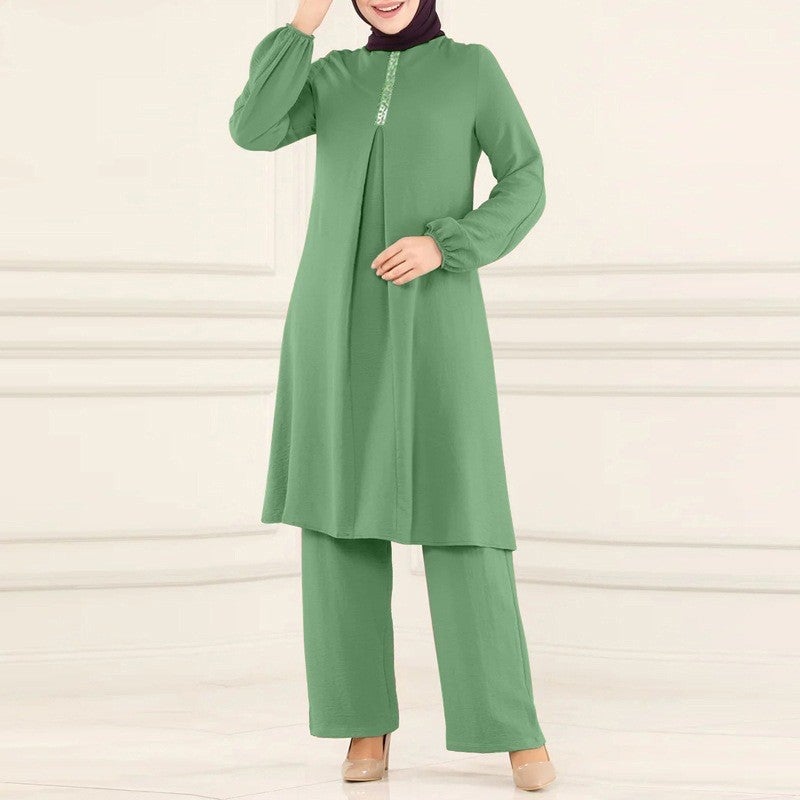 Muslim Women'S Fashion New Fashion Solid Color Elegant Long-Sleeved Shirt Loose Wide-Leg Pants Suit - Image 1