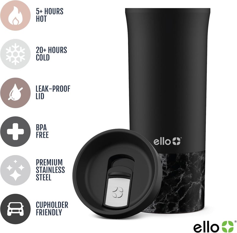 Ello Miri 16oz Vacuum Insulated Stainless Steel Travel Mug, Leak-Proof Slider Lid, Keeps Hot for 5 Hours, Perfect for Coffee or Tea, BPA-Free, Fits Most Cupholders, Holiday Gift, Black - Image 2