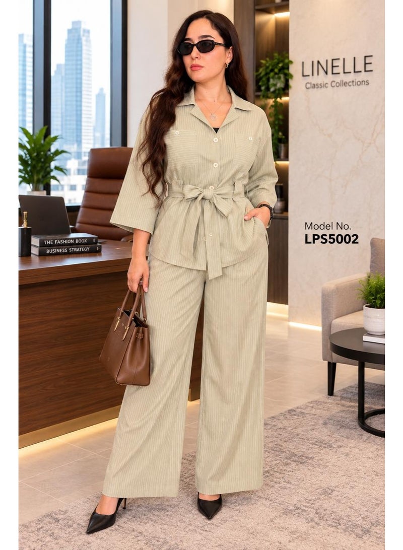 لـيـنـيـل Linelle Khaki Striped Belted Shirt & Wide-Leg Co-Ord Set - Image 2
