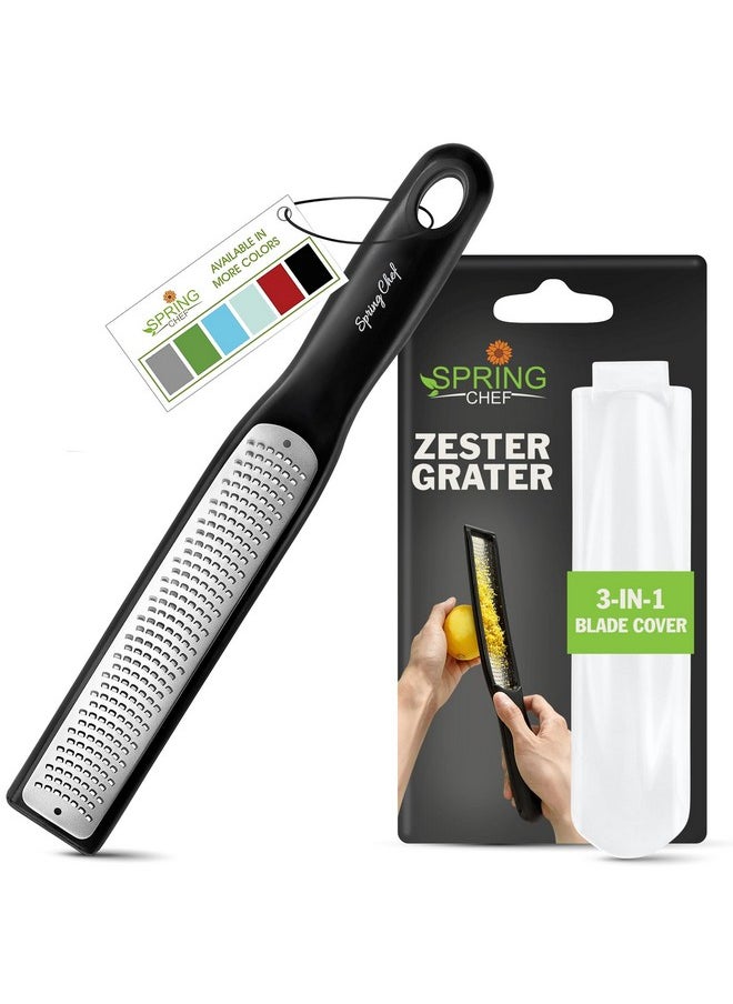 Spring Chef Spring Chef Premium Lemon Zester Grater with Handle - Fruits, Garlic, Chocolate, Nutmeg, Ginger Grater - Heavy Duty Kitchen Tool - Stainless Steel Citrus Zester with Blade Cover - Fine Shred, Black  - Image 1