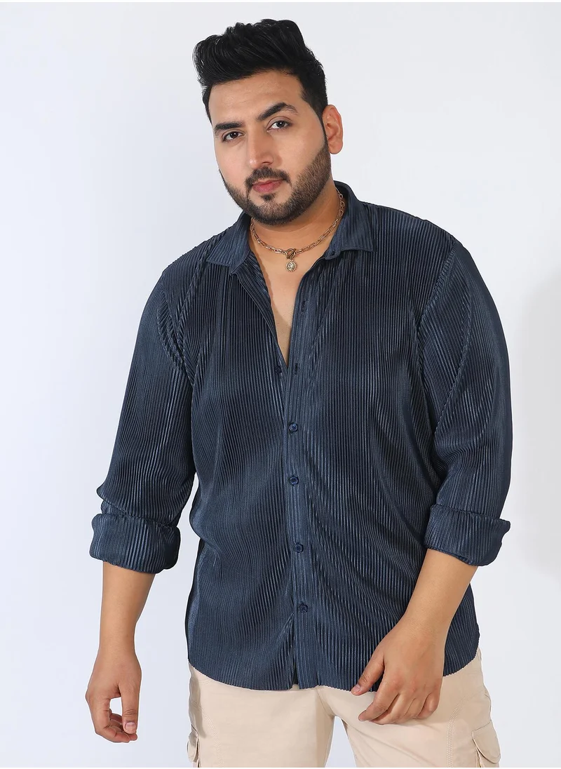 Instafab Plus Men's Navy Blue Pleat-Creased Shirt