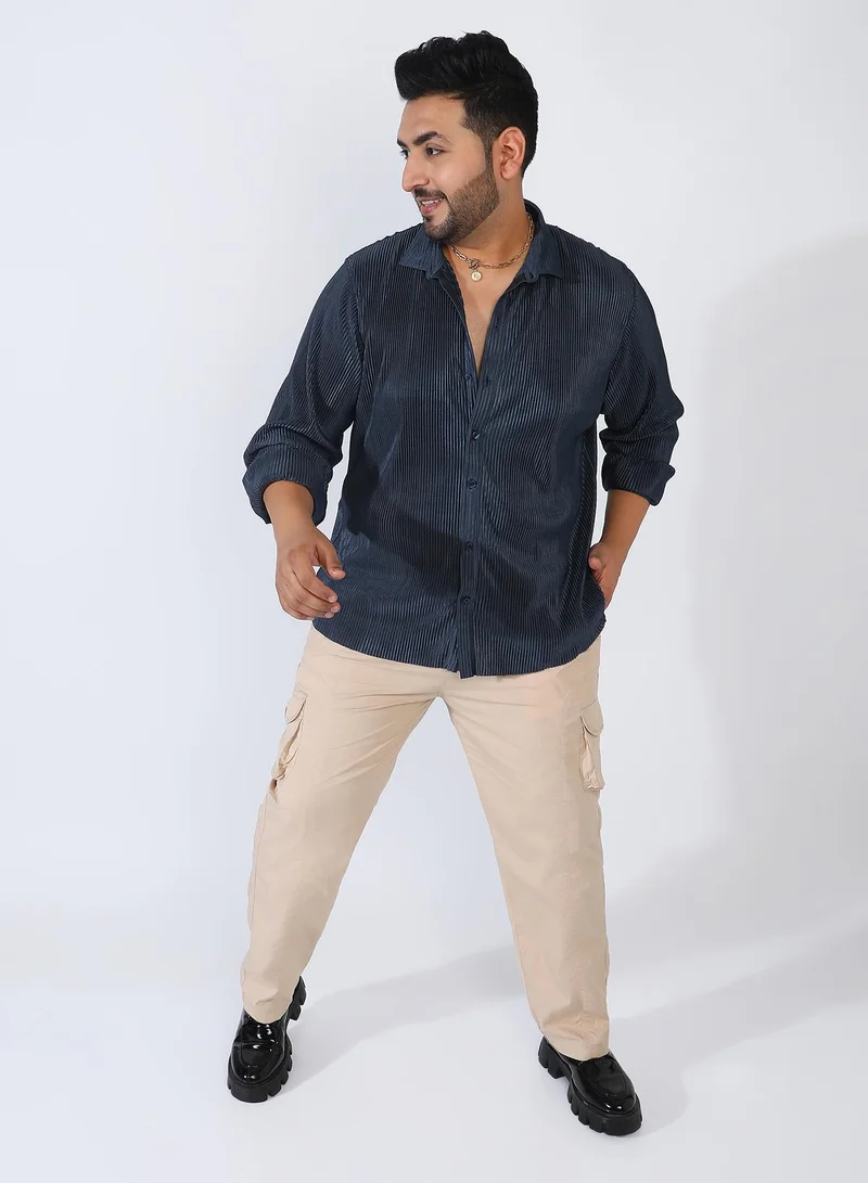 Instafab Plus Men's Navy Blue Pleat-Creased Shirt
